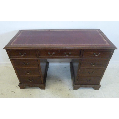 78 - Mahogany 3 Part Pedestal Desk, top inset red gilt tooled leather, 2 short & 1 long cock beaded drawe... 