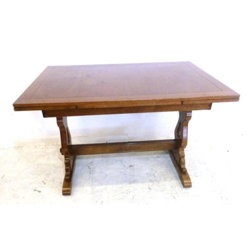 9 - Golden Oak Draw Leaf Table with trestle ends, pull-out leaves (A3)