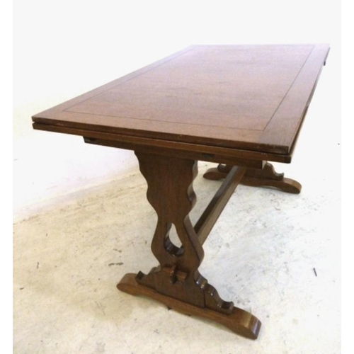 9 - Golden Oak Draw Leaf Table with trestle ends, pull-out leaves (A3)