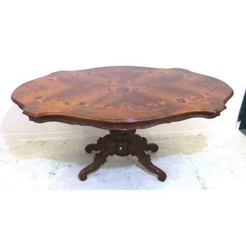 100 - Continental Marquetry Inlaid Oval Dining Table with bold turned centre column on cabriole style supp... 