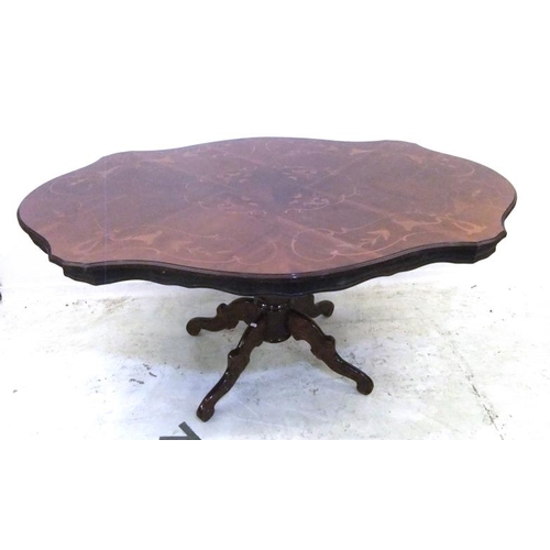 103 - Continental Marquetry Serpentine Sided Dining Table on bold turned centre column (A7)