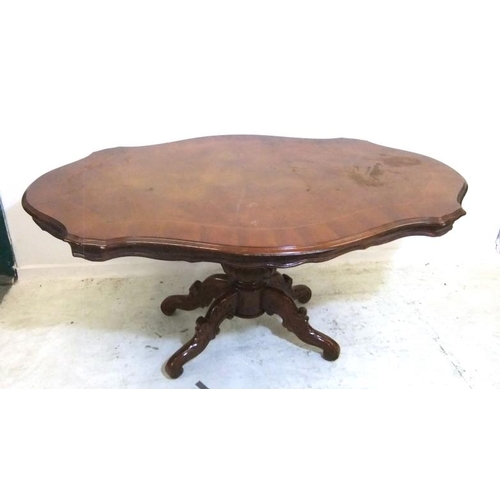 104 - Continental Marquetry Serpentine Sided Dining Table on bold turned centre column with carved stretch... 