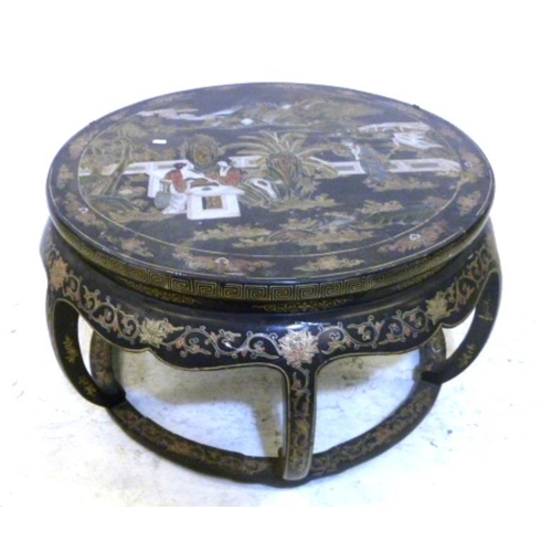 116 - Chinese Circular Ebonised Centre Table on shaped supports with flat section stretcher, painted decor... 