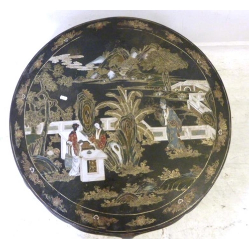 116 - Chinese Circular Ebonised Centre Table on shaped supports with flat section stretcher, painted decor... 