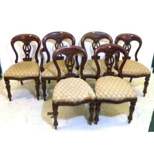 83 - Set 6 Victorian Style Mahogany Balloon Back Dining Chairs on turned and reeded front supports, overs... 