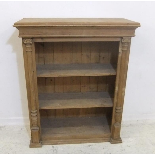 96 - Stripped Pine Victorian Open Bookcase on shaped break front base, split turned reeded baluster colum... 