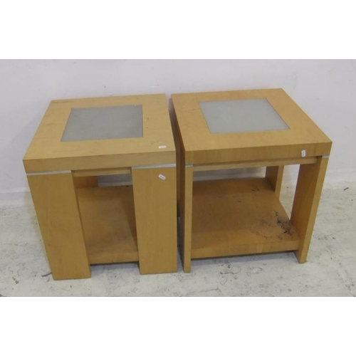 97 - Pair Modern Blonde Wood Lamp Tables with inset etched glass tops (2) (A5)