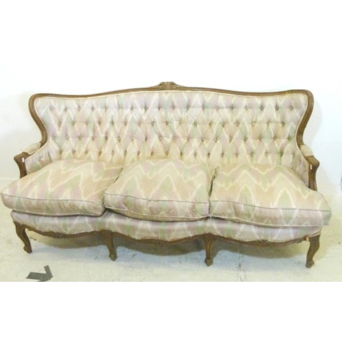 98 - Continental 3 Seater Sofa on cabriole legs with deep buttoned back, show-wood frames, 3 squab cushio... 