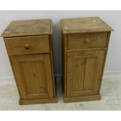 87 - Pair Stripped Pine Bedside Cupboards with frieze drawer, thumbnail moulded tops (2) (A11)