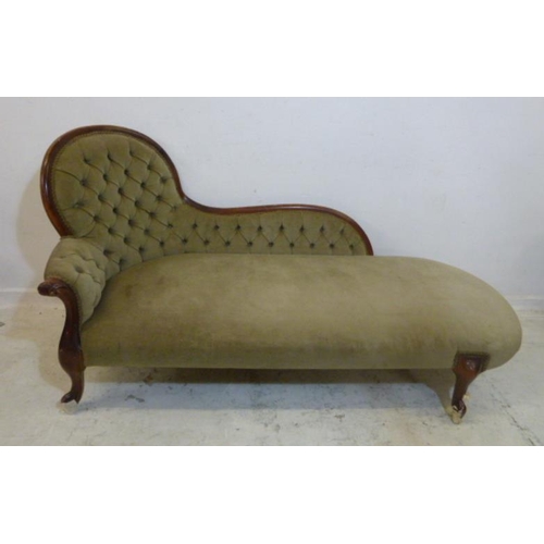 333 - Chaise Longue with buttoned back, upholstered in sage green velour, on cabriole supports with castor... 