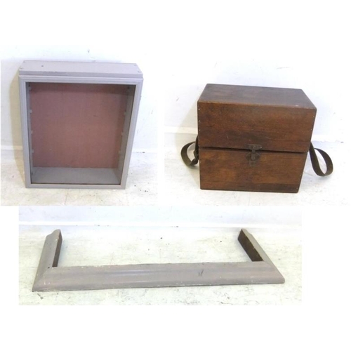 49 - Varnished Plywood Box with canvas carry strap, slope fronted hinged lid, Grey Painted Wooden Fire Ke... 