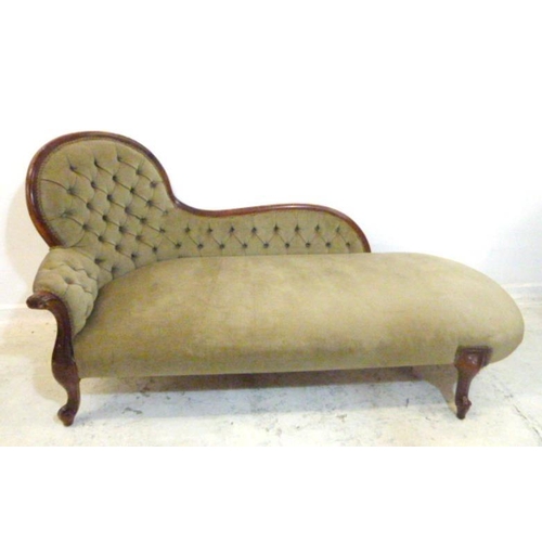 333 - Chaise Longue with buttoned back, upholstered in sage green velour, on cabriole supports with castor... 