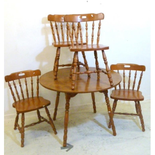 334 - Circular Varnished Pine Table & Set 4 Captains Style Chairs (5) (A11)