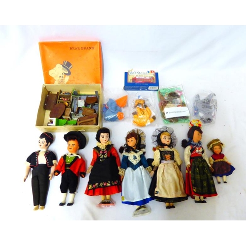 1172 - Vintage Souvenir Dolls, dolls house furniture with metal figures, P&O Stena Line model bus & 3 TY Be... 