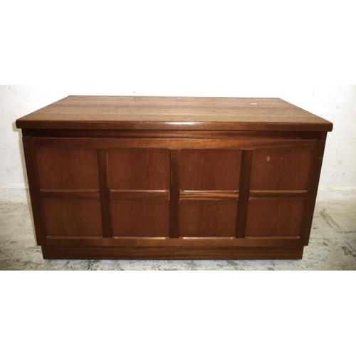 31 - Retro Teak Low Side Cabinet with 8 panels to fall, interior with pull-out slide, small shelves (A4)