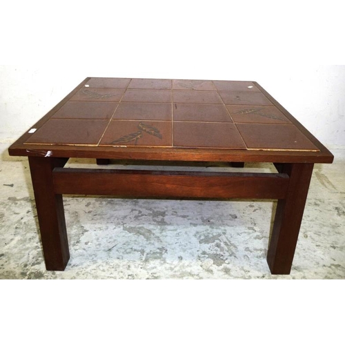 60A - Teak Coffee Table with 16 treacle glazed tiles, some decorated with leaves (A2/3)