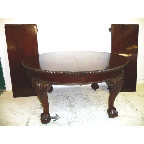 2 - Victorian Mahogany Oval Extending Dining Table with gadroon mouldings, leaf carved cabriole ball & c... 