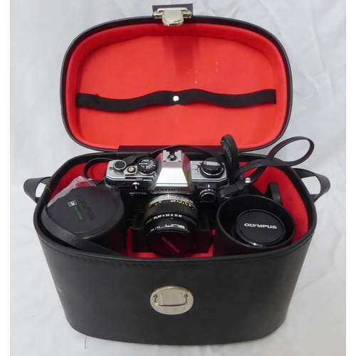 889 - Olympus OM10 35mm SLR Film Camera Accessories & Case; 3x Lens, Olympus OM Auto-s F=50mm, Olympus Aut... 