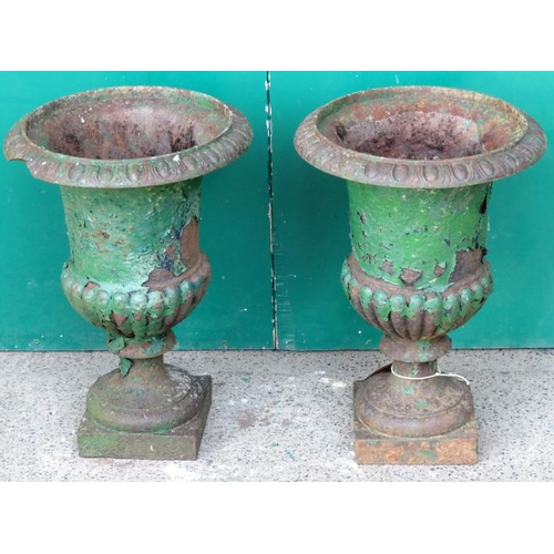 22A - Pair Cast Iron Campana shaped garden urns (1 A/F to foot) (*O)