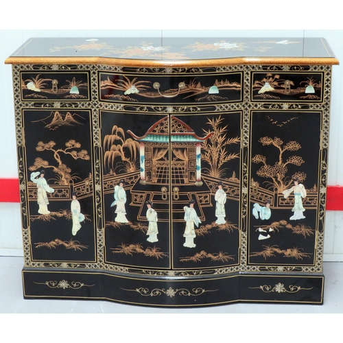 1 - Black  Lacquer Mother of Pearl Bow Fronted Side Cabinet with Central Doors and Frieze Drawers with p... 