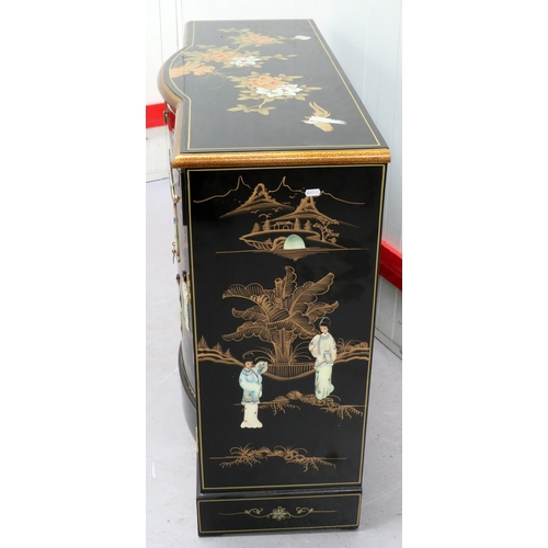 1 - Black  Lacquer Mother of Pearl Bow Fronted Side Cabinet with Central Doors and Frieze Drawers with p... 