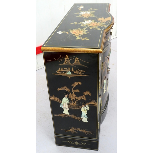 1 - Black  Lacquer Mother of Pearl Bow Fronted Side Cabinet with Central Doors and Frieze Drawers with p... 