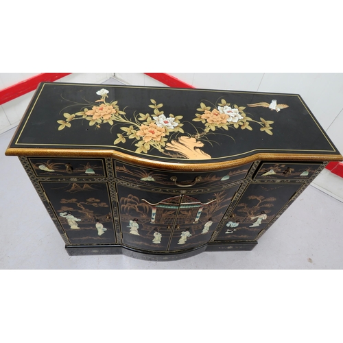 1 - Black  Lacquer Mother of Pearl Bow Fronted Side Cabinet with Central Doors and Frieze Drawers with p... 