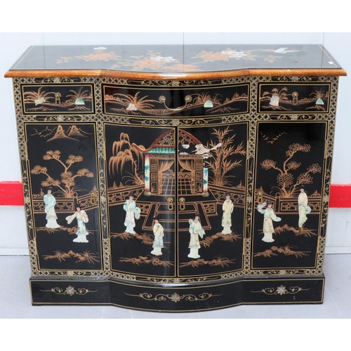 2 - Black  Lacquer Mother of Pearl Bow Fronted Side Cabinet with Central Doors and Frieze Drawers with p... 