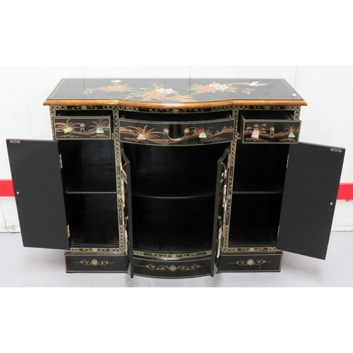 2 - Black  Lacquer Mother of Pearl Bow Fronted Side Cabinet with Central Doors and Frieze Drawers with p... 