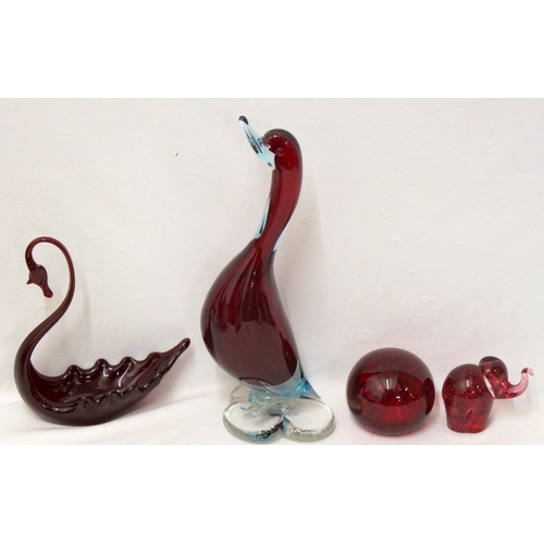 875 - 2 Ruby Glass Stylised Bird Figurines, elephant & paperweight