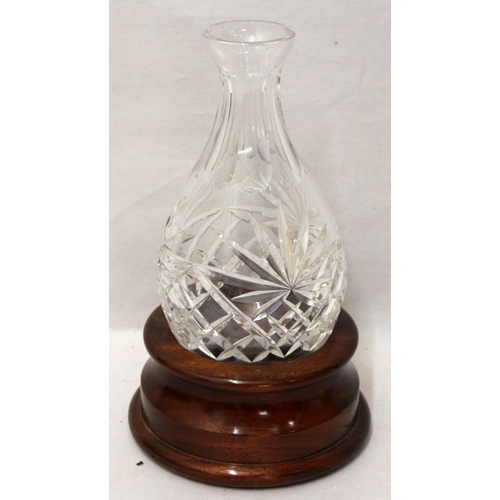 874 - Unusual Crystal Mallet Shaped Wine Carafe with no base, with turned hardwood stand, no stopper