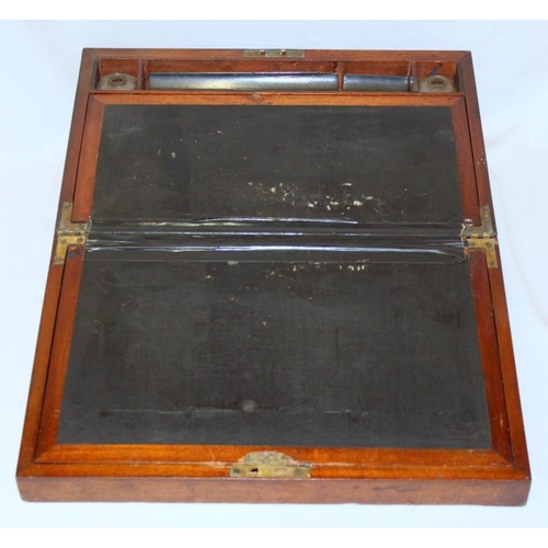 65 - C19th Mahogany Writing Box for restoration with 3 secret drawers, 2 inkwells (no caps) (A1)