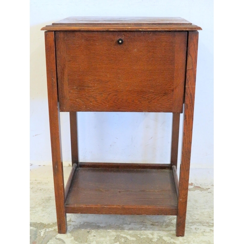 26 - Oak Veneered Workbox, hinged cover with fitted interior, cotton reel holder, square sectioned suppor... 