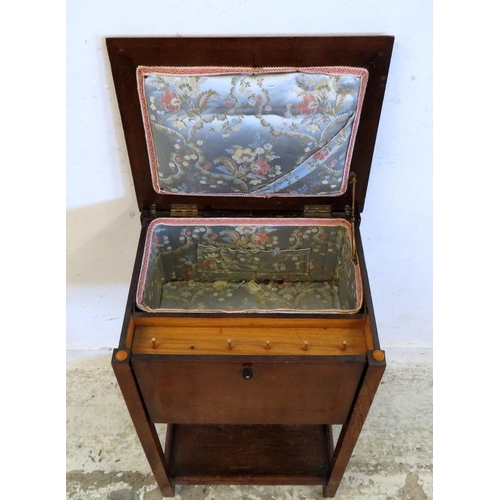 26 - Oak Veneered Workbox, hinged cover with fitted interior, cotton reel holder, square sectioned suppor... 