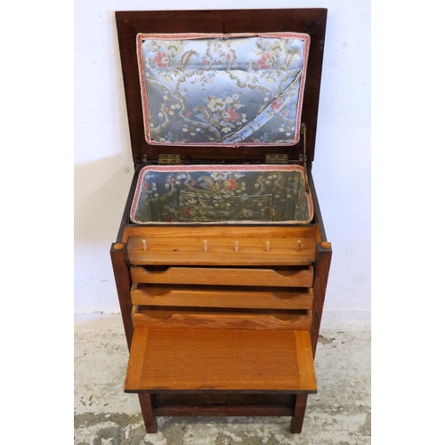 26 - Oak Veneered Workbox, hinged cover with fitted interior, cotton reel holder, square sectioned suppor... 