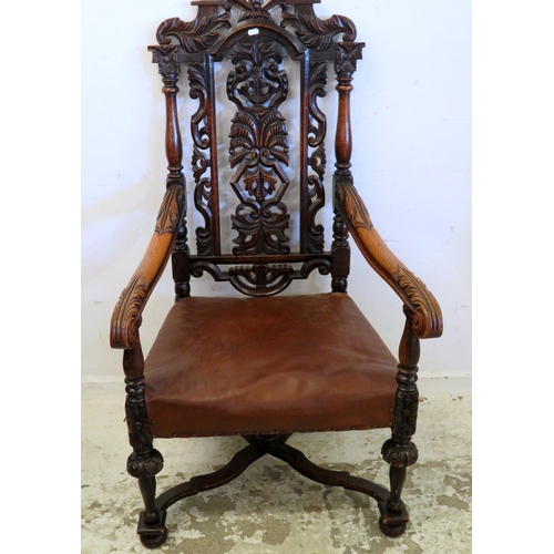 67 - Late C19th Oak Open Armchair with flat sectioned curved stretchers, carved & turned front supports, ... 