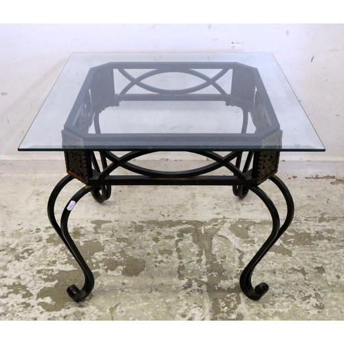 71 - Japanned Wrought Metal Side Table with plate glass top, 4 bifurcated scrolling supports (FWR)