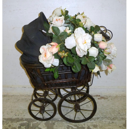 76 - Reproduction Split Cane & Bamboo Dolls Pram with silk flower display (FWR)