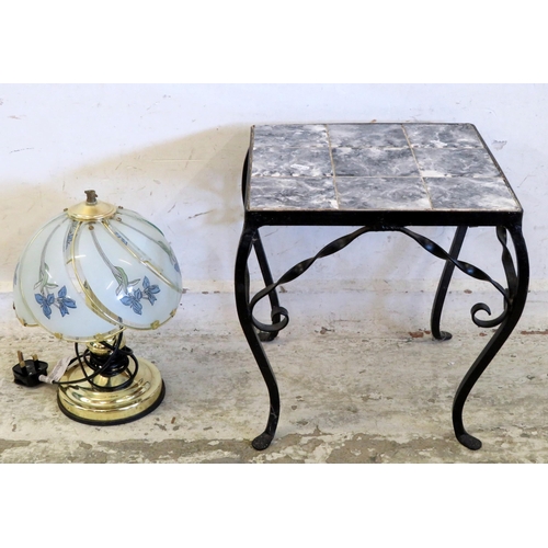 80 - Marble Topped Wrought Metal Small Side Table, scrolling lappet shaped supports with touch lamp (2) (... 