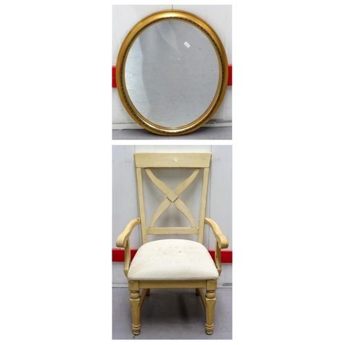 52 - Oval Gilt Mirror & Cream Carver Chair (FWR)