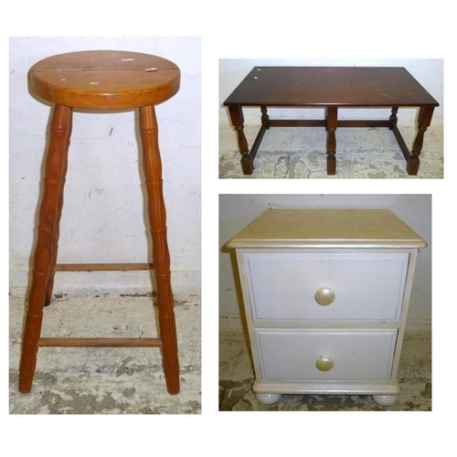 22 - Circular Seated Kitchen Stool, turned supports, Painted 2 Drawer Pine Bedside Cabinet, bun handles o... 