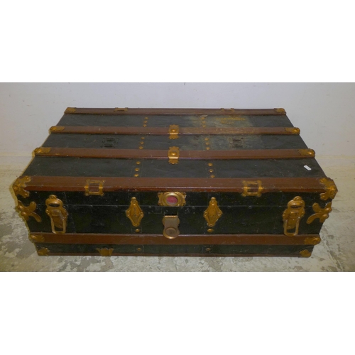 77 - Travel Trunk with wooden slats, metal fittings, japanned metal body, triple catches (A6/7B)