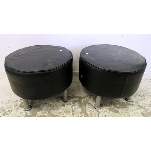 94 - 2 Circular Black Leather Pouffe's on metal feet (A5)