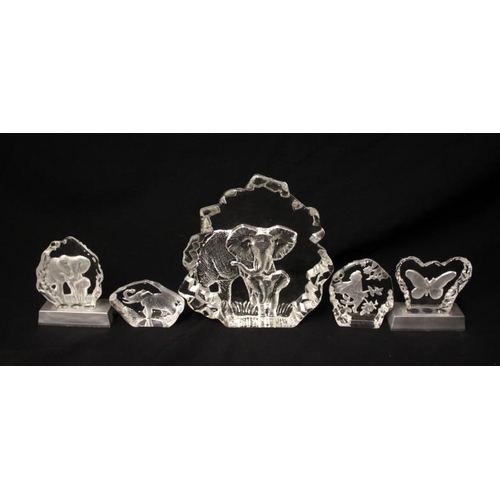 835 - Light Up Glass Paperweights in the form of butterflies, elephants, Matt Johanson elephant paperweigh... 