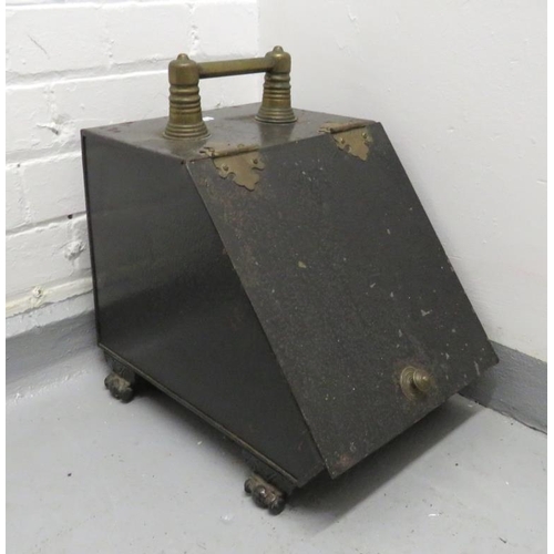 40A - Slope Fronted Metal Coalbox with later shovel, brass hinges & overhandle approx. 38cm x 26cm x 31cm ... 