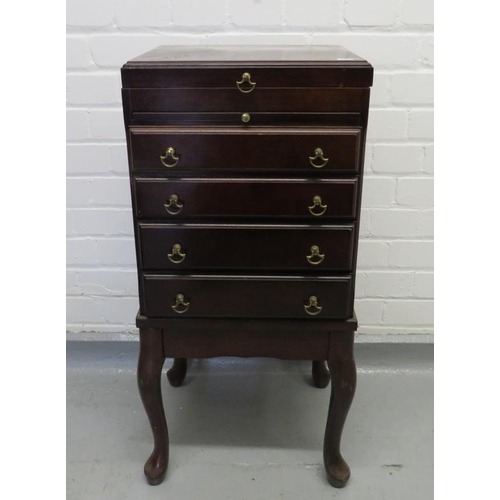 43 - Floor Standing Mahogany Cabinet with 4 drawers with Axe handles, pull out slide, hinged lid, velvet ... 