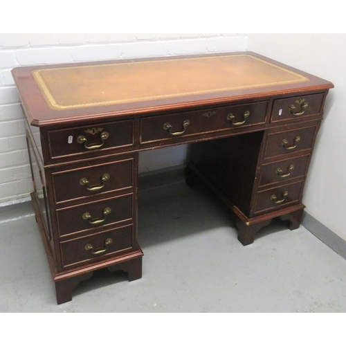 47A - Twin Pedestal Writing Desk with central long drawer, 2 smaller drawers, brown inset leather gilt too... 