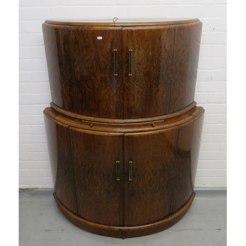 119 - Burr & Figured Walnut Bow Fronted Cocktail Cabinet, lower section with pair doors, interior with bot... 