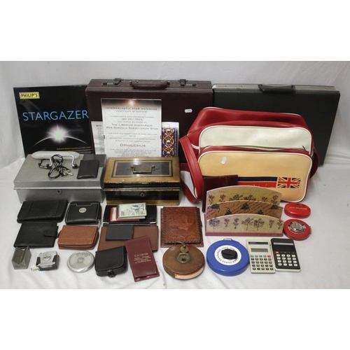 1671 - 2 Briefcases, safety deposit boxes, tape measures, wallets, calculators etc. (1 Box)