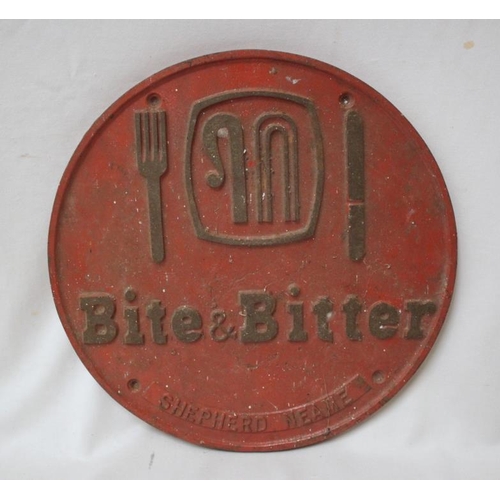 1676 - Bites & Bitter Shepherds Neame cast iron painted red sign approx. 35cm Dia.